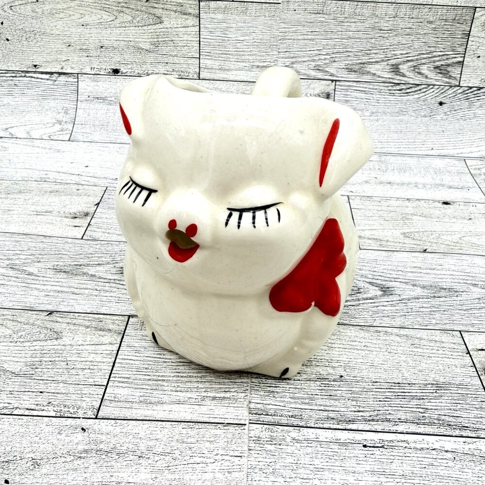 Vintage Shawnee Pottery Red Bow White "Smiley Pig" 14 oz Creamer Pitcher